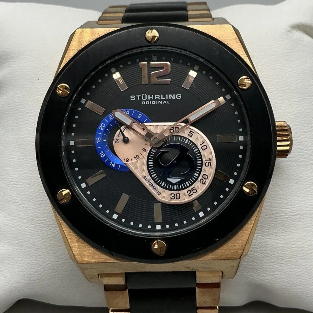 Stuhrling Original Mens Watch 49mm Black Dial Gold Tone Automatic 24-Hr 8.25